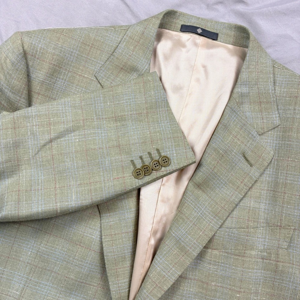 Zanella Malcolm Blazer Sport Coat 44L Sage Green Wool Silk Linen Plaid Italy